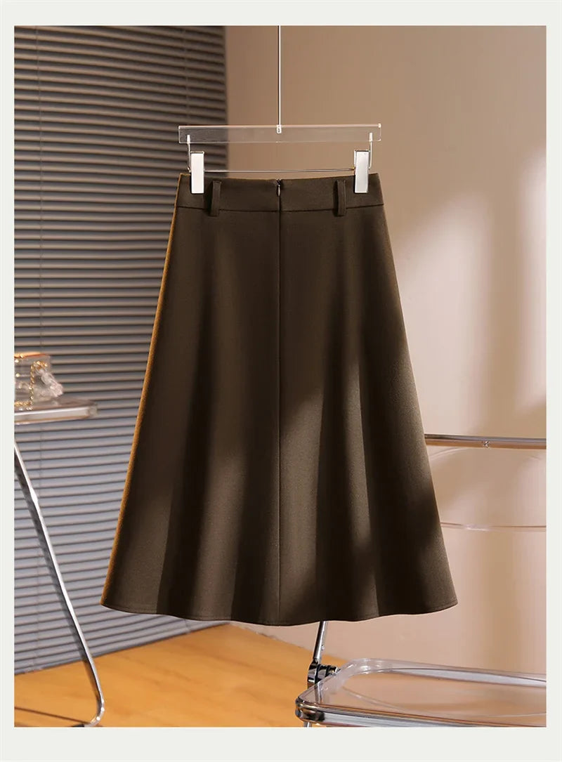New Spring Autumn Fashion Skirt Women Elegant High Waist Solid Color A-line Casual Midi Skirts Office Lady Women's Clothing