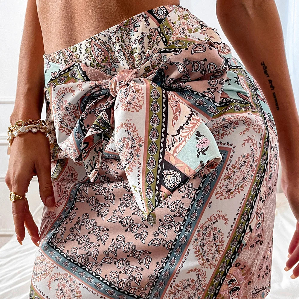 2025 New High-Waist Belted A-line Printed Skirt for Women