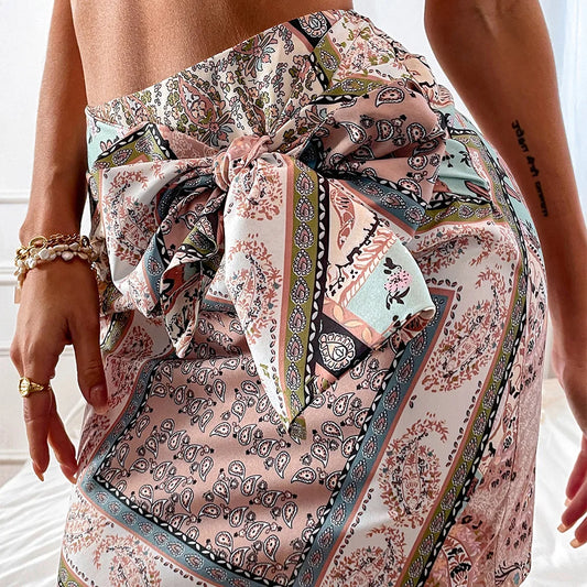 2025 New High-Waist Belted A-line Printed Skirt for Women
