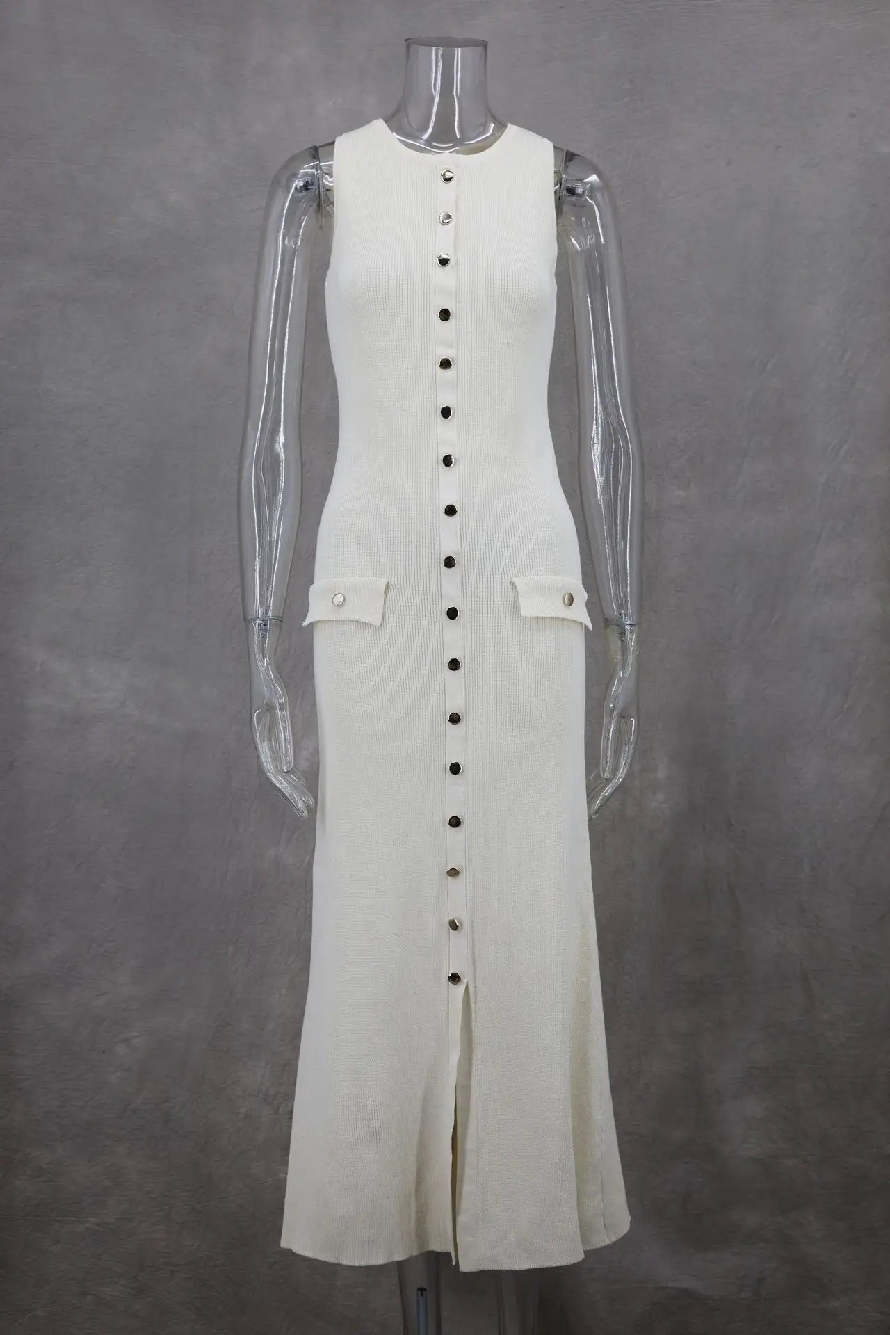 Elegant Knitted Midi Dresses Women's Black White Patchwork Slit Single Breasted Sleeveless Curvy Dress 2025 Summer Street Wear