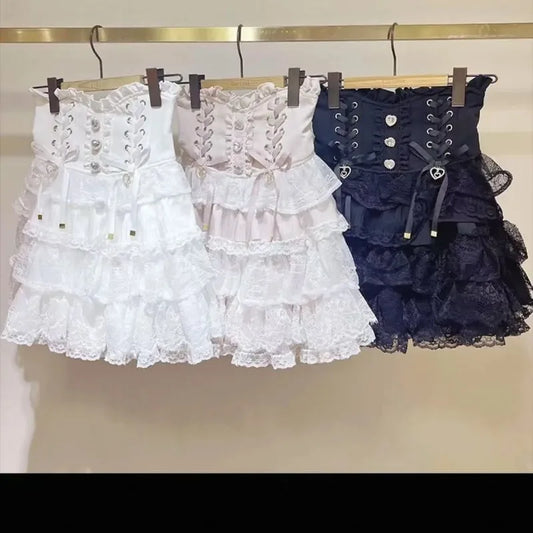 Women Japanese Sweet Lolita Style Mini Skirt Elegant Lace Bandage Party Cake Skirts Female Gothic Y2k Metal Buckle Skirt