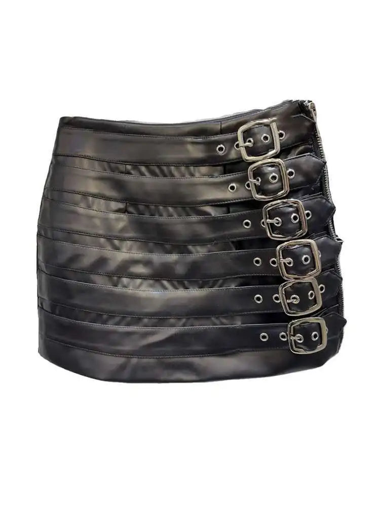 DEAT Trendy Women's Multi Belt PU Leather Mini Skirt 2024 Spring Fashion New Items High Waist Wrap Hip Skirts Female 11XX7390