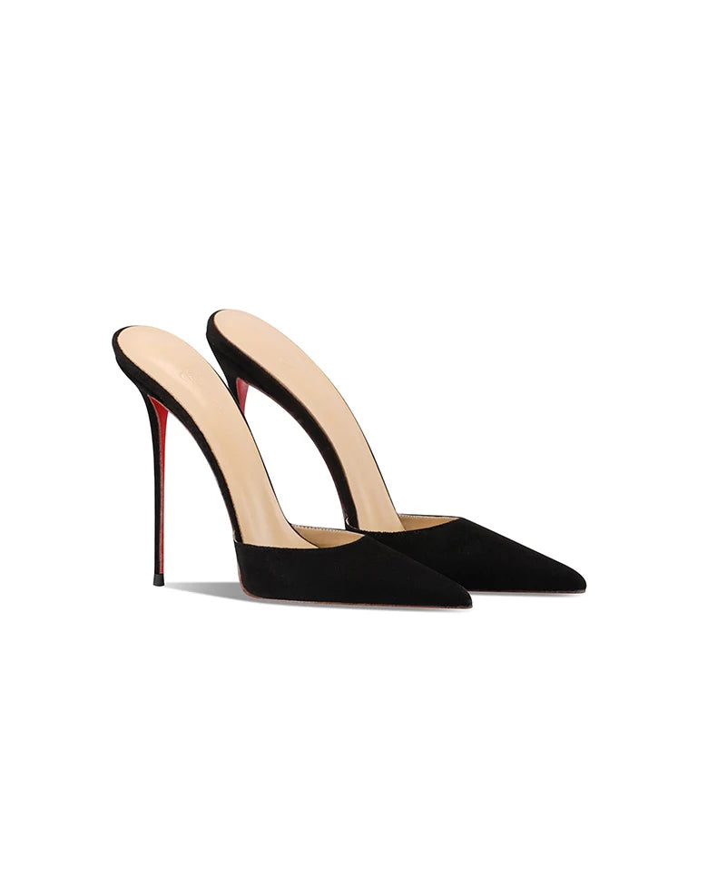 2025 new black suede high-heeled slippers with a warm and sexy temperament, pointed red bottom and slim heels for women