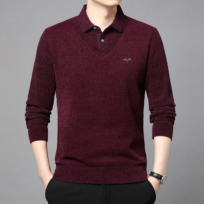 Designer Quality Men's Lapel Fake Two-Piece Long Sleeve T-Shirt Winter New Bee Print Plush Thickening Sweater Business Menswear