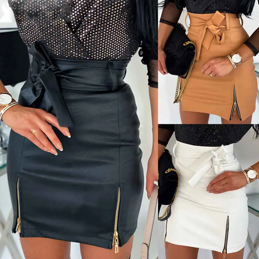 Leather PU Skirts Women Summer High Waist Sexy Strap Zipper High Waist Hip Leather Skirt Zipper Solid Color Sheath Bodycon Skirt