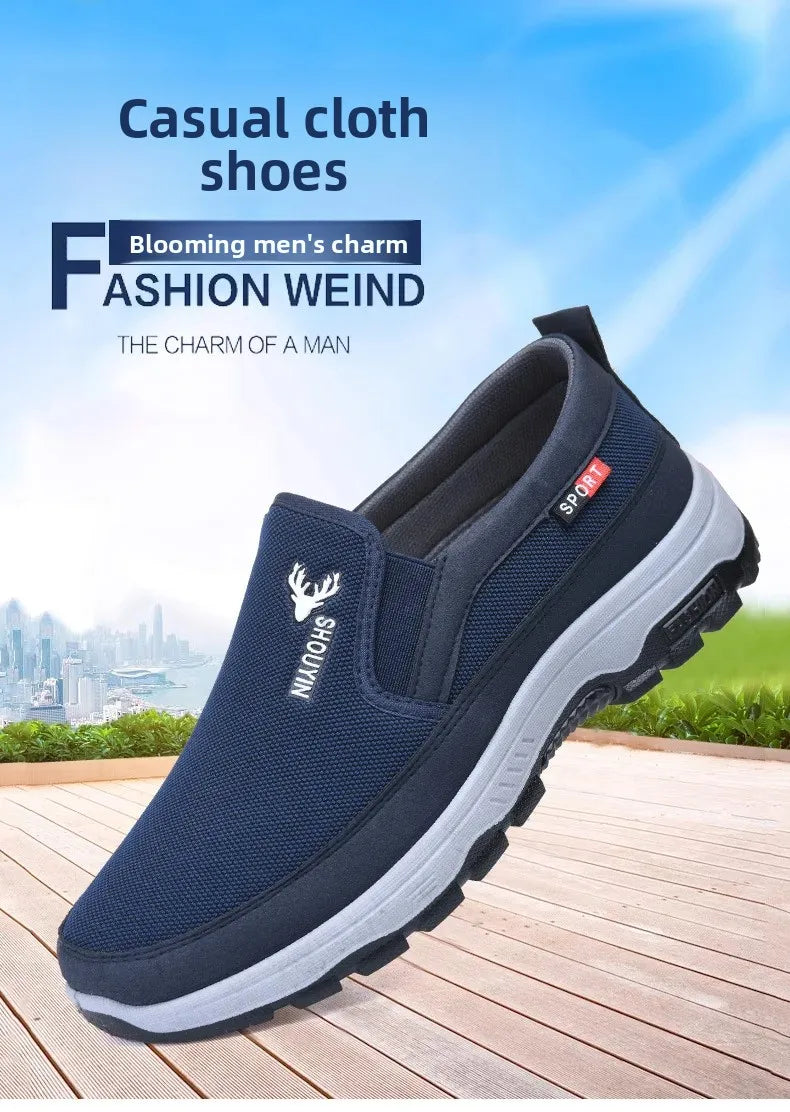 Beijing Men's Cloth Shoes Soft Bottom Breathable Anti-Slip Elderly Walking Shoes Slip-On round Toe Casual Rubber Soled Shoes