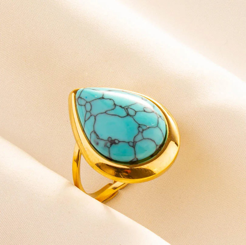 Classic Retro Turquoise Finger Jewelry Stainless Steel Rings For Women Men Accessories Open Adjustable 18k Real Gold Plated Ring