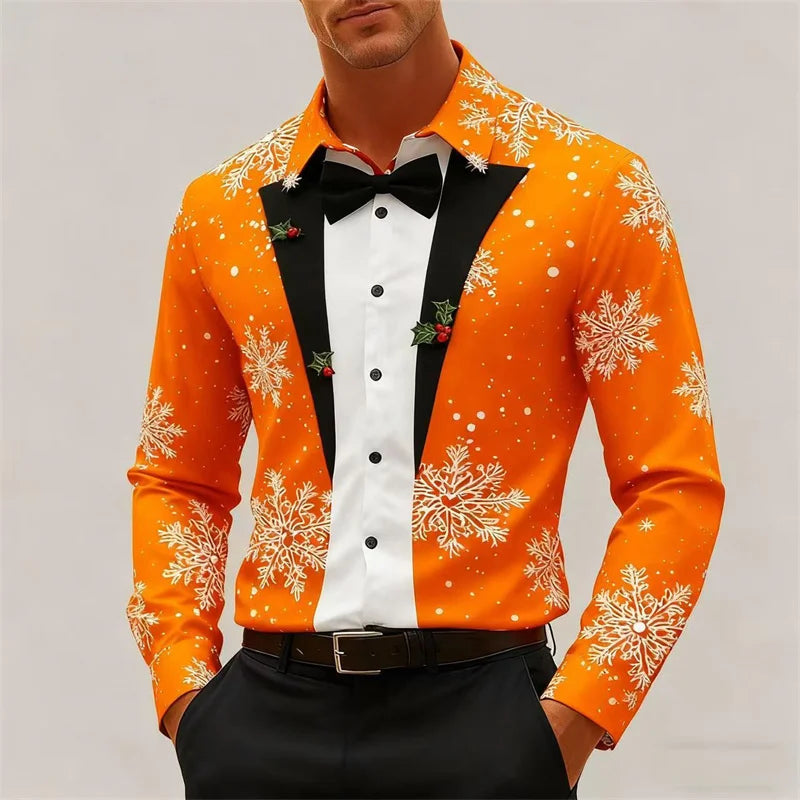 Christmas Men's Snowflake Bow Tie Pattern 3D Print Christmas Shirt Long Sleeve Tops Outdoor Holiday Gift Shirt Men Clothing