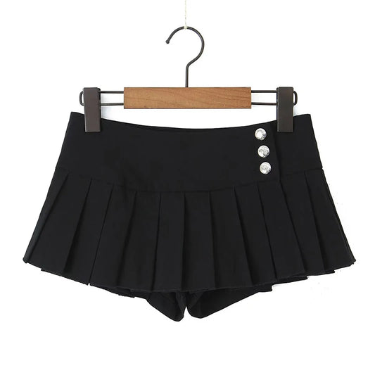 YENKYE 2023 Cool Girl Y2K American Retro Pleated Mini Skirt Sexy Low Waist Side Button Women Summer Skirts With Shorts Lining