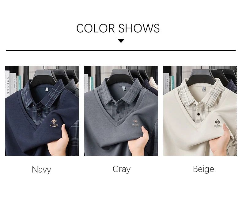 TFETTERS Long Sleeve Polo Shirt Men 2025  Autumn New Business Slim Fake Two Shirt Man Casual Loose Plaid Graphic Shirt for Men