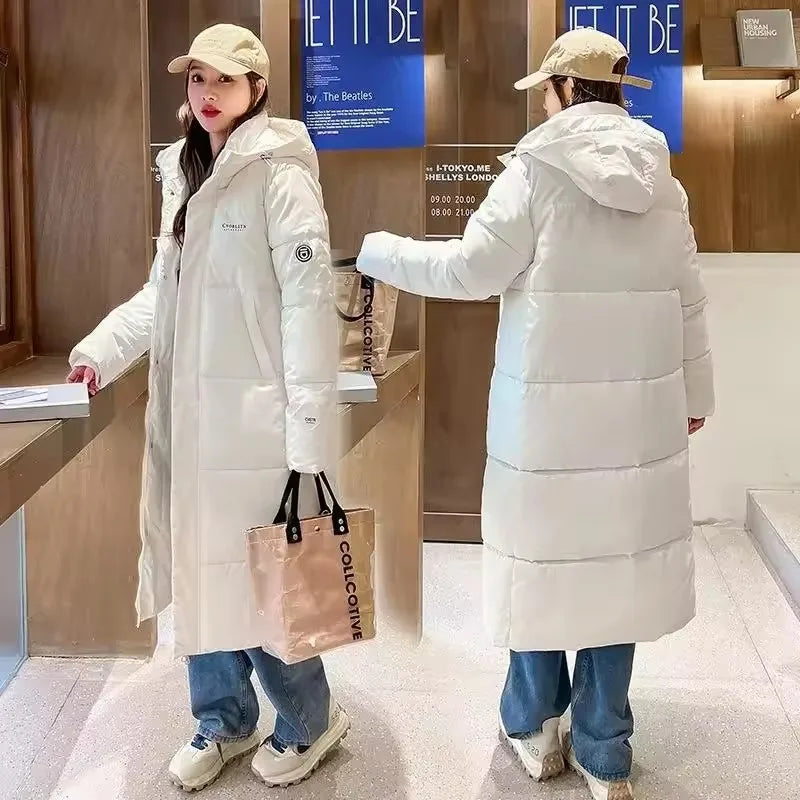 2025 Solid Long Down Parka Women with  Hood  Cotton Padded Jacket Winter Overcoat Fashion Thicken Warm Puffer Coat Female