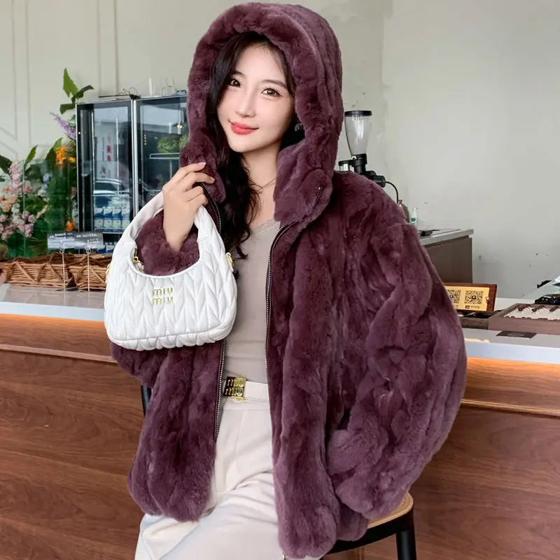 100% Real Rabbit Fur Coat Women Winter Loose Hooded Zipper Natural Fur Jacket Thick Warm Woman Clothing Female Furry Outerwears
