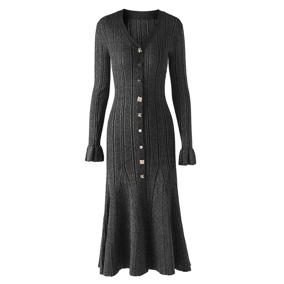 Elegant Evening Dress Women V Neck Long Sleeve Patchwork Button Pleated Sweater Dresses 2024 Autumn Winter Knit Maxi Dress