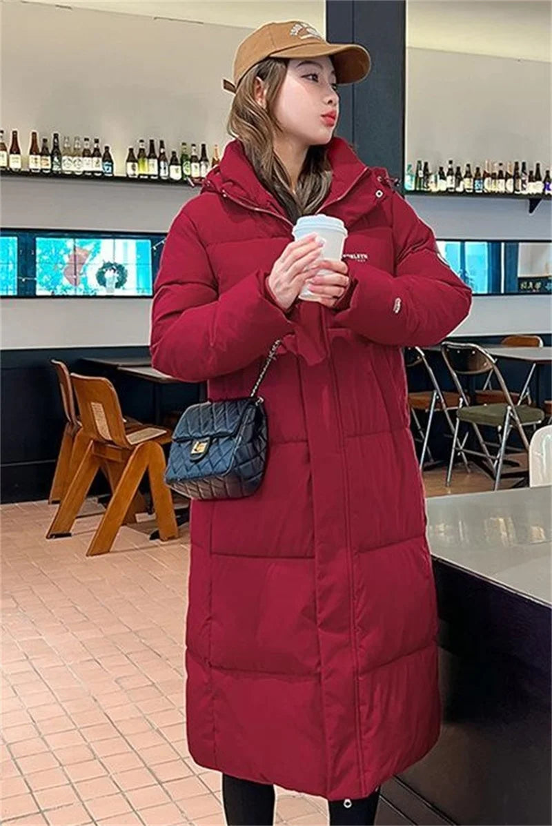 2025 Solid Long Down Parka Women with  Hood  Cotton Padded Jacket Winter Overcoat Fashion Thicken Warm Puffer Coat Female