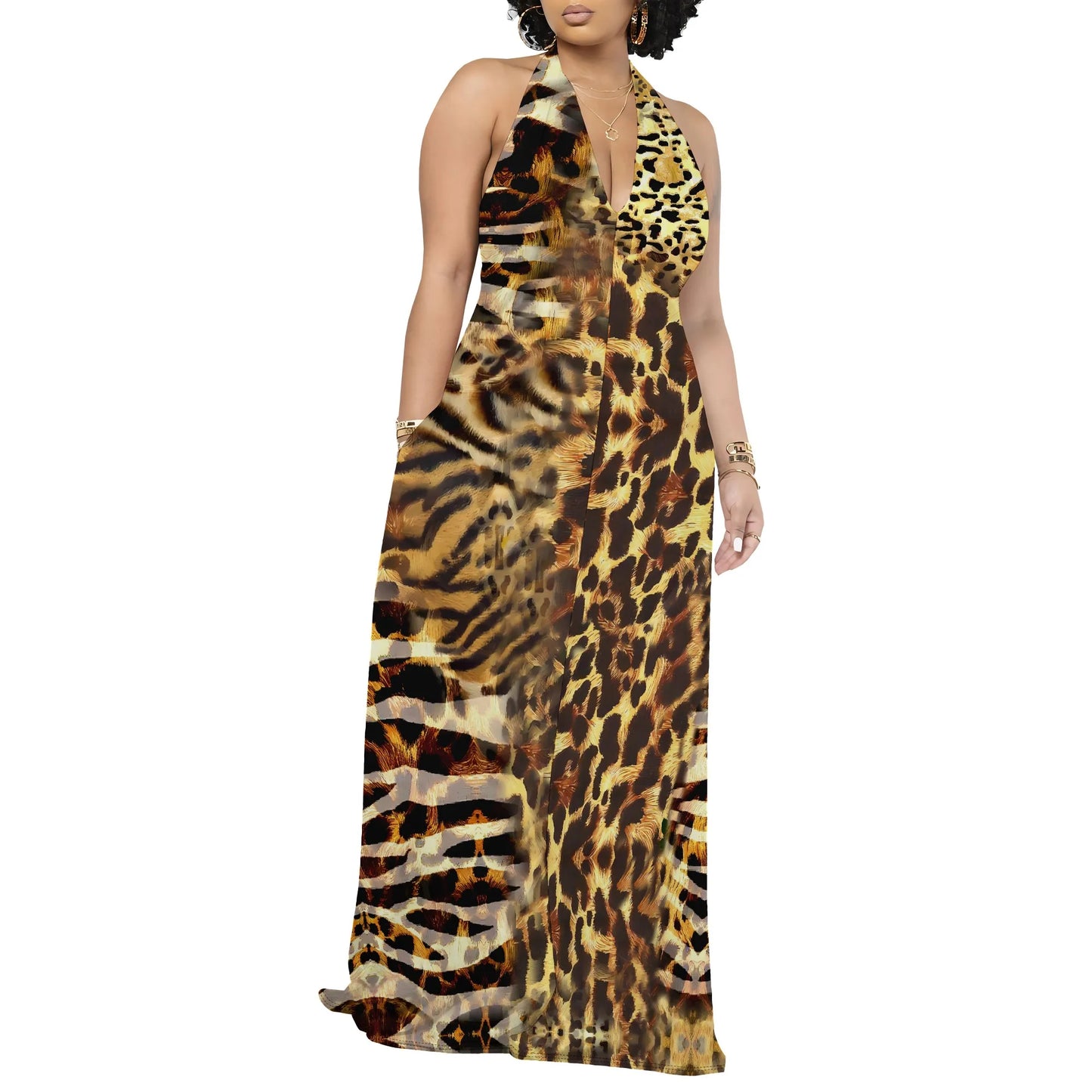 Nupusa Leopard Print Dress for Women Summer Casual Halter Neck Maxi Dress