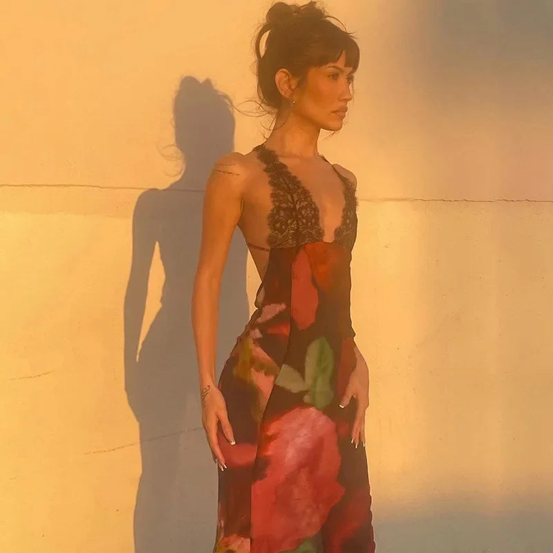 Sexy Leopard Print Lace Patchwork Maxi Dress Women Fashion V Neck Backless Long Dresses Spring Summer Female Holiday Vestidos