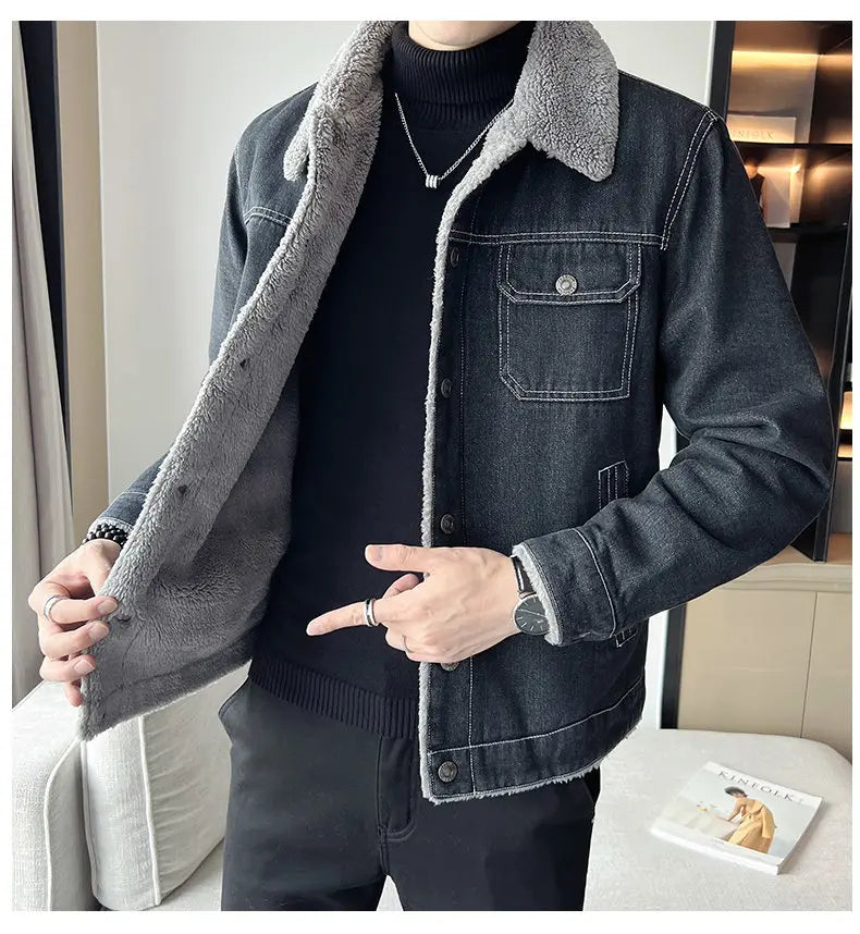 Men Denim Jacket Men Fleece Trendy Winter Velvet Coats 2025 Men Korean Slims Casual Thick Jacket Male Lamb Fur Casual Outerwear