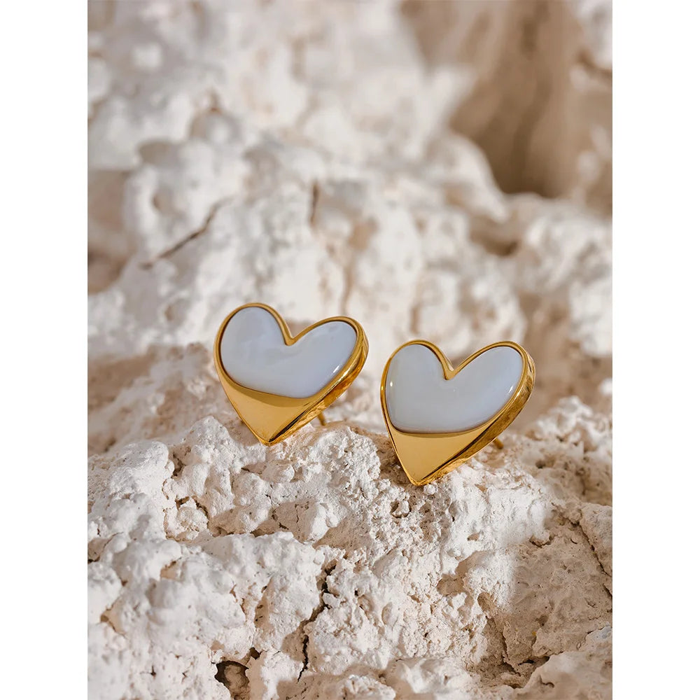 Yhpup Exquisite Stainless Steel Natural Shell Heart Love Chic Stud Earrings for Women Gold Color Fashion Charm Jewelry Bijoux