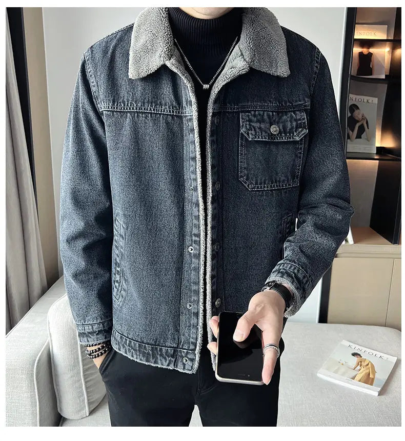 Men Denim Jacket Men Fleece Trendy Winter Velvet Coats 2025 Men Korean Slims Casual Thick Jacket Male Lamb Fur Casual Outerwear