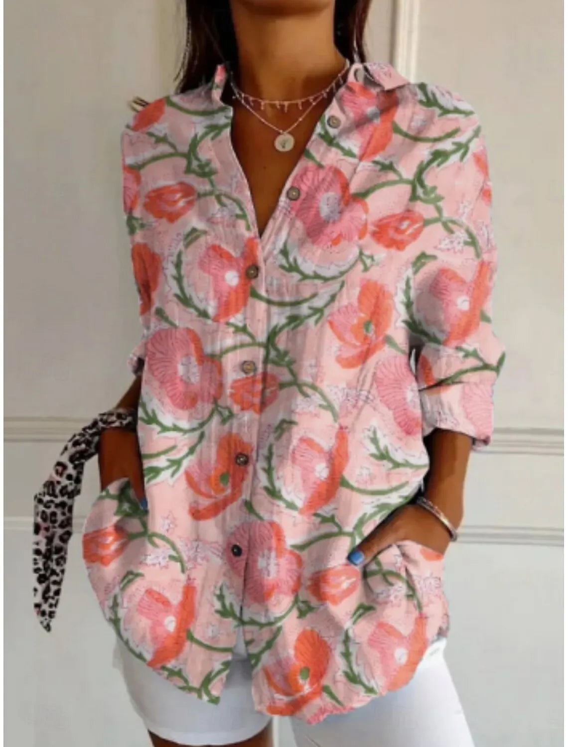 Women's Shirts Floral Active Stylish Buttons Blouse Lapel Neck Blouse Womens Long Sleeve Shirts Womens Clothing Female Clothing