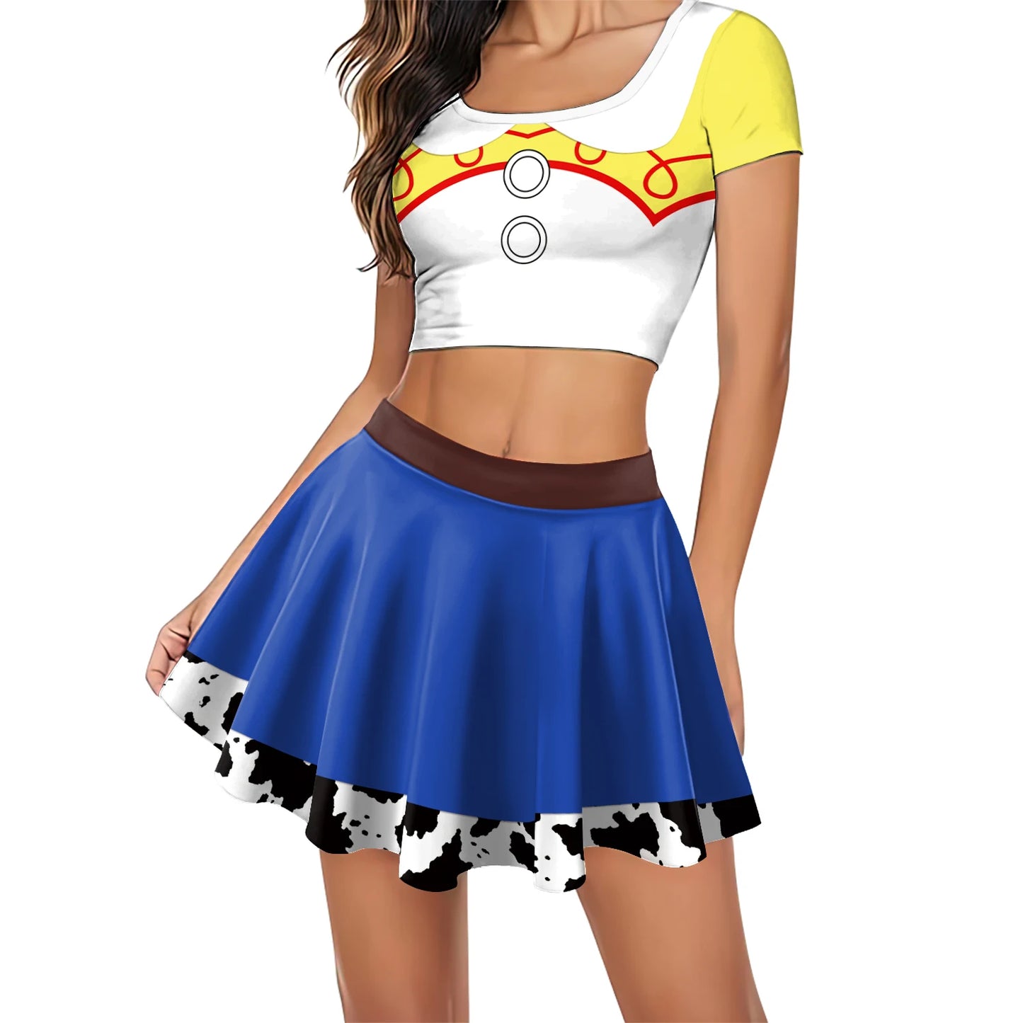 Nadanbao Jessie Halloween Cosplay Skirt for Women 3D Patchwork Printing Crop Top Blue Short Skirt Fashion Cheerleaders Clothing