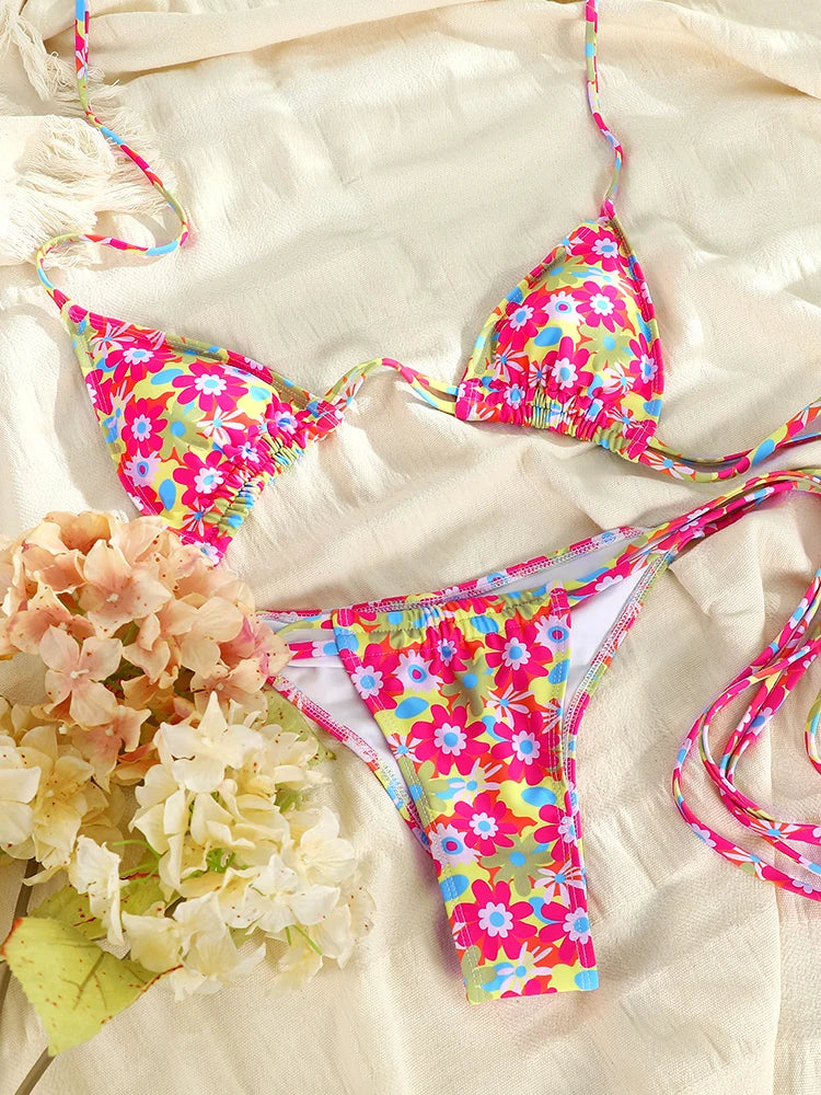 Rinabe Bikinis Bandage Swimsuit Floral Print Bikini Sets Women 2025 New Swimwear Triangle Beachwear Summer Bathing Suit