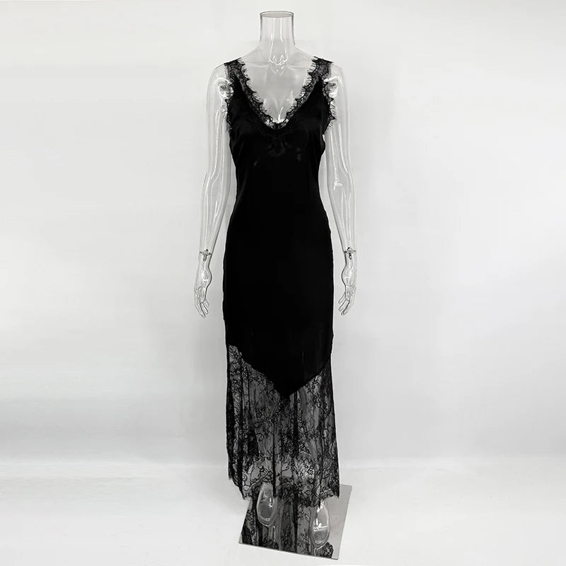 Tornova Sexy Spaghetti Strap Lace Dress For Women Fashion Splice Elegant Backless Long Dress Slim Vacation Party Female Clothes