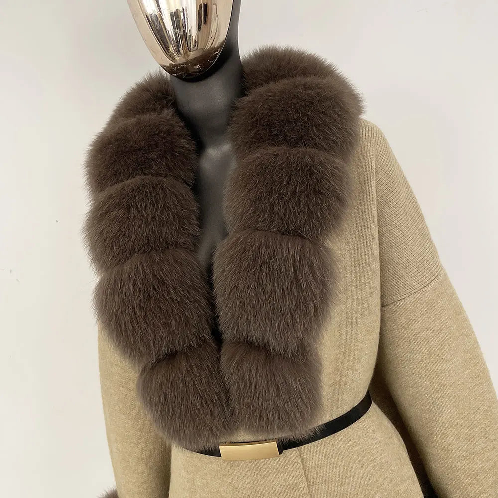 Long Knitwear Coat Women Warm Belt Real Fox Fur Jacket Female 2024 New Autumn Winter Kintted Natural Fur Coat Women