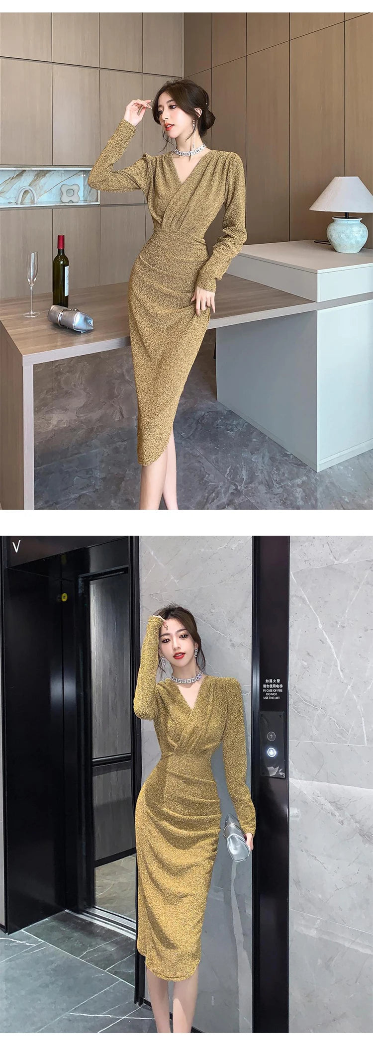 Women Clothes Casual Glitter Shiny Gold V-Neck Folds Slim Asymmetrical Dress Elegant Evening Party Birthday Vestidos Spring New