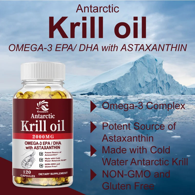 Krill Oil | 2000mg with Astaxanthin, Omega 3, DHA, EPA, and Phospholipids | No Smell, No Fishy Taste | 60/120 Capsule