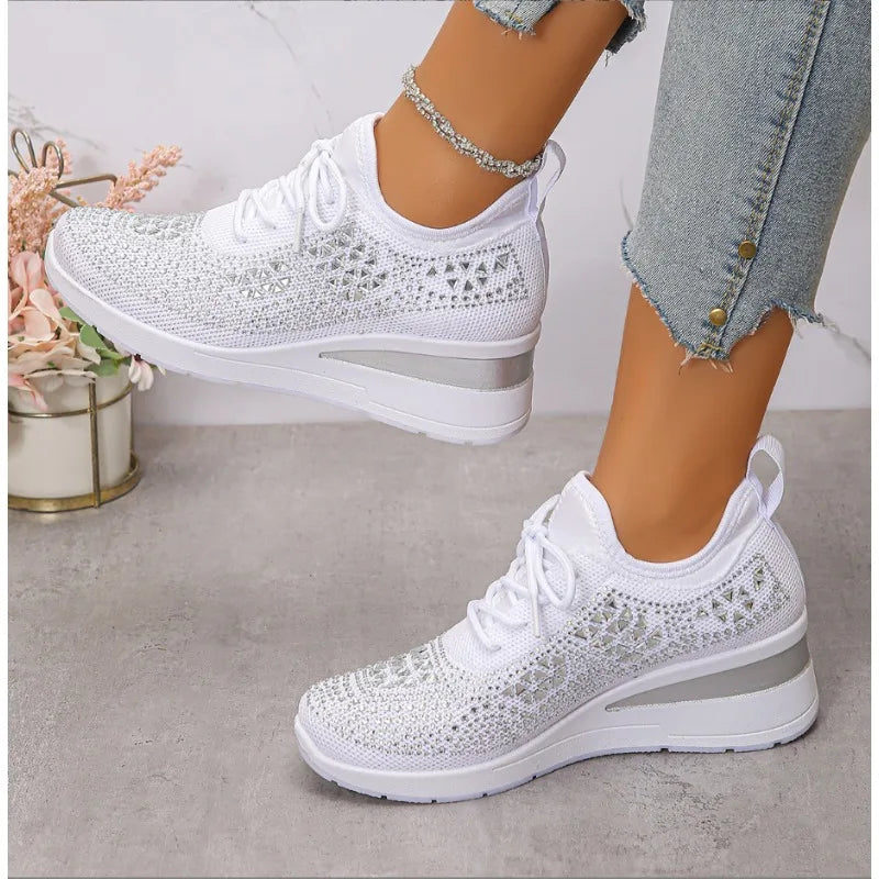 Women's Shiny Rhinestone Wedge Sneakers Breathable Knit Non Slip Walking Shoes Woman Plus Size Fashion Thick Sole White Sneakers
