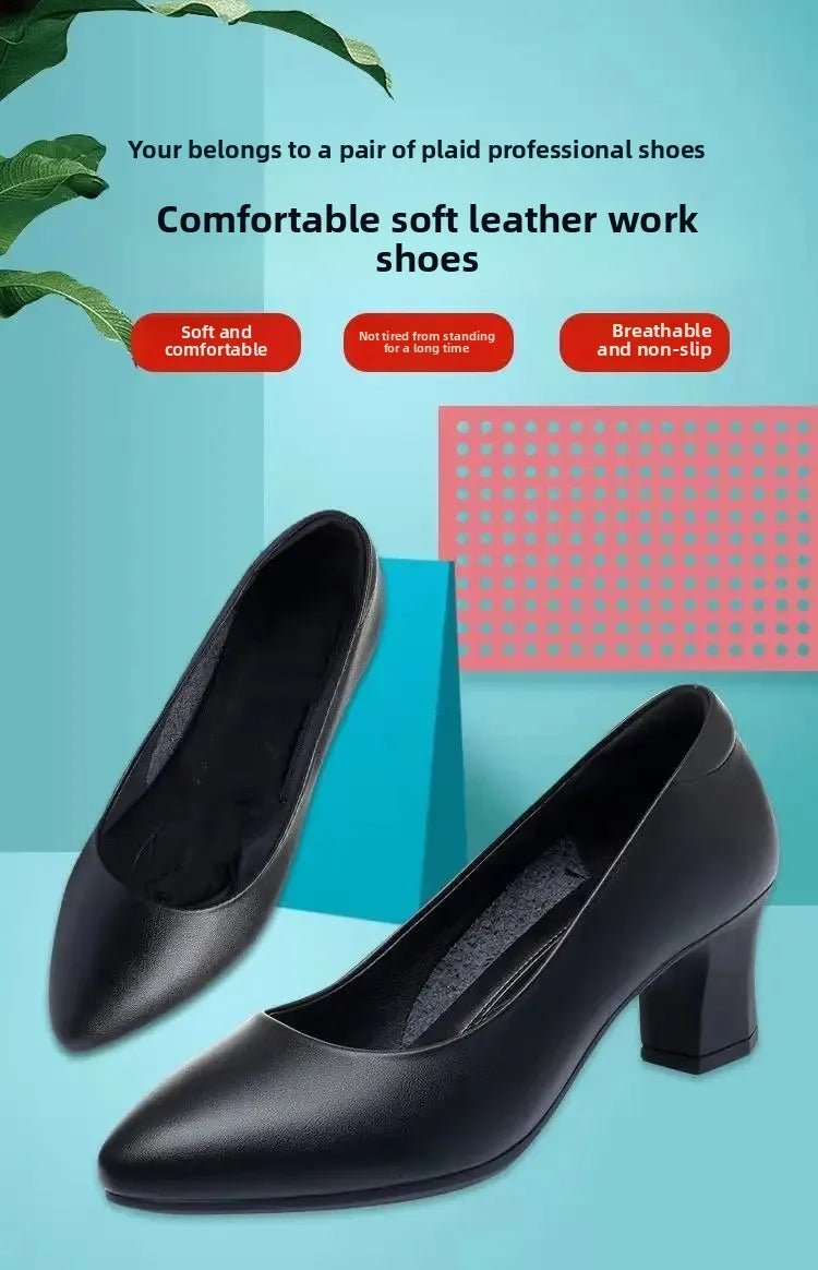 Black Interview Shoes for Women Hotel Work High Heel Soft Bottom Leather Single Shoes Summer Season Adult Footwear