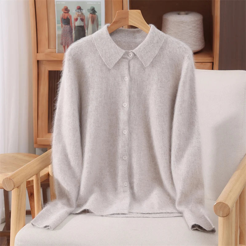 Chic Female Grace Soft Knitwear Women's Polo Collar Button Cardigan 100% Mink Cashmere Sweater Autumn Winter Soft Casual Tops