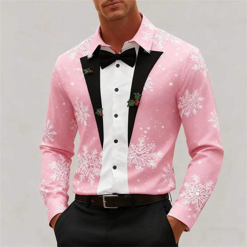 Christmas Men's Snowflake Bow Tie Pattern 3D Print Christmas Shirt Long Sleeve Tops Outdoor Holiday Gift Shirt Men Clothing