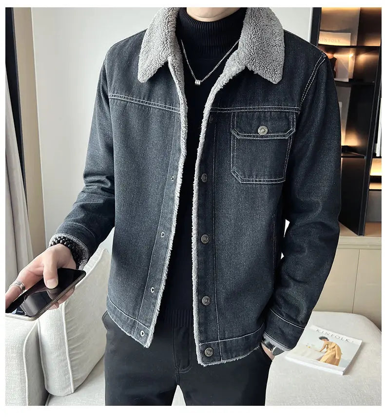 Men Denim Jacket Men Fleece Trendy Winter Velvet Coats 2025 Men Korean Slims Casual Thick Jacket Male Lamb Fur Casual Outerwear
