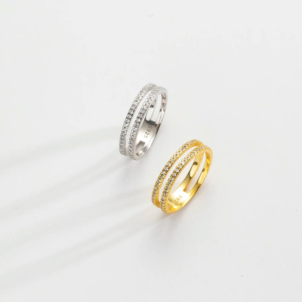 VEWANT 925 Sterling Silver Recyclable Two CZ Pave Double Line Ring Women Crystal Luxury Wedding Birthday Jewelry