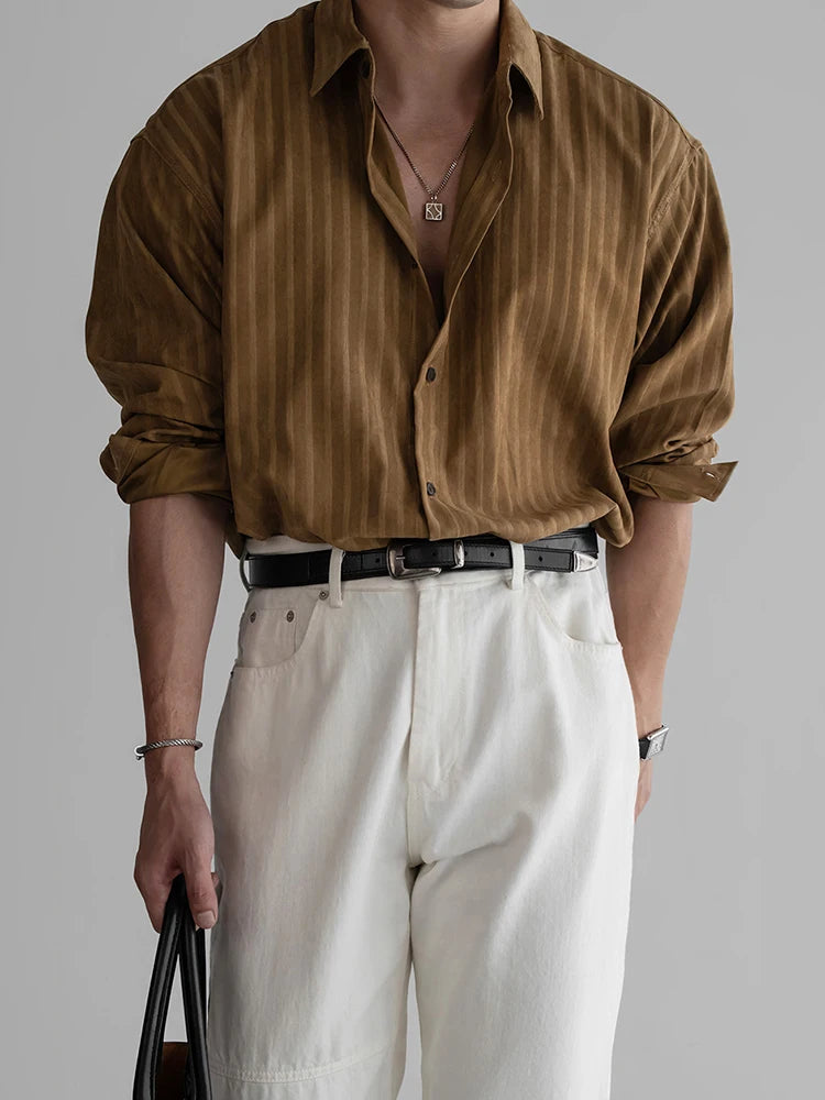 Vintage Striped Textured Shirts Men's Spring Autumn Outdoor Casual Button-up Shirt Long Sleeve Mens Fashionable Lapel Cardigans