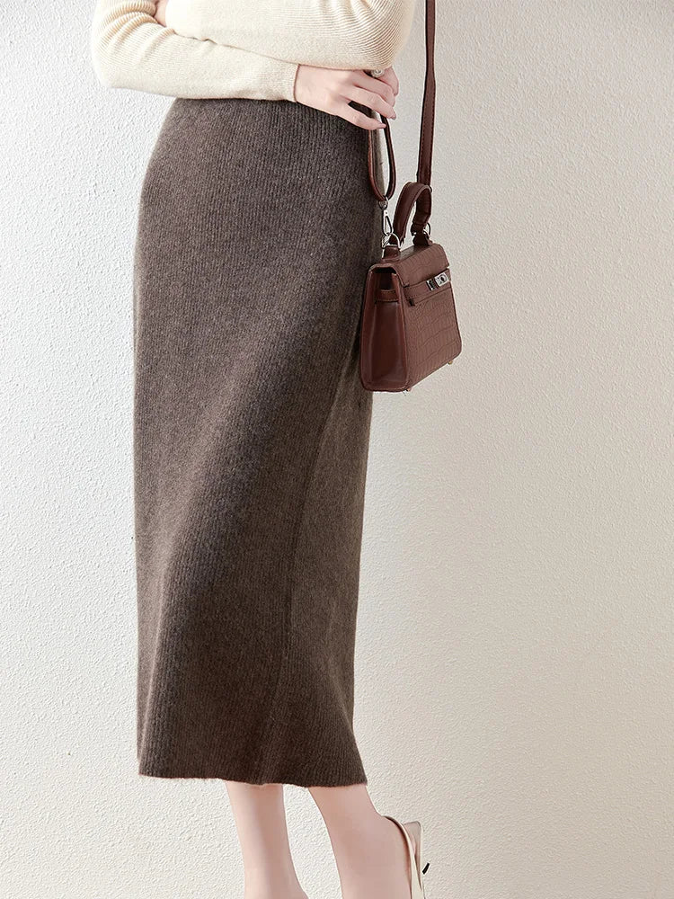 100% Merino Wool Skirt Women's Elastic Waist Cashmere Striped Skirts Office Lady Knitted Simple Dress Thickening Autumn Winter