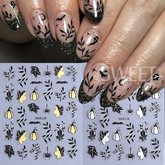 3pcs Autumn Nail Art Stickers Decal Golden Pumpkin Ghost Spider 3D Adhesive Slider for Halloween Thanksgiving Day Manicure Decor