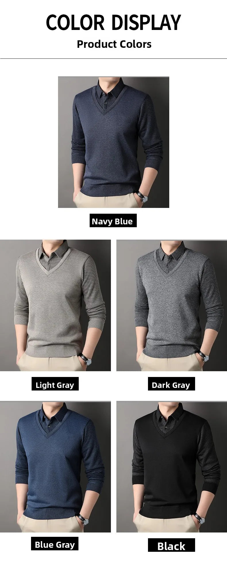 Men's Long Sve Fce Lined Knitted irt Busin Casual Sle Winter Warm Top Fake Two-Piece Design Comfortable Fit