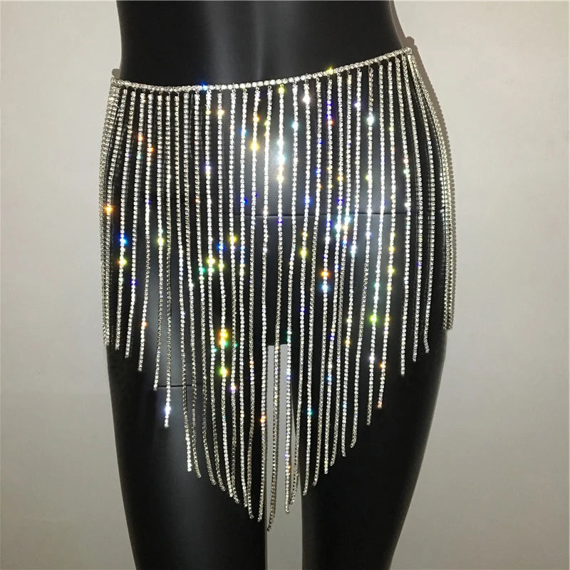 Sparkly Crystal Rhinestone Tassel  Mini Skirt Women Fashion See Through Hollow Out Metal Chain Nightclub Party Beach Outfits