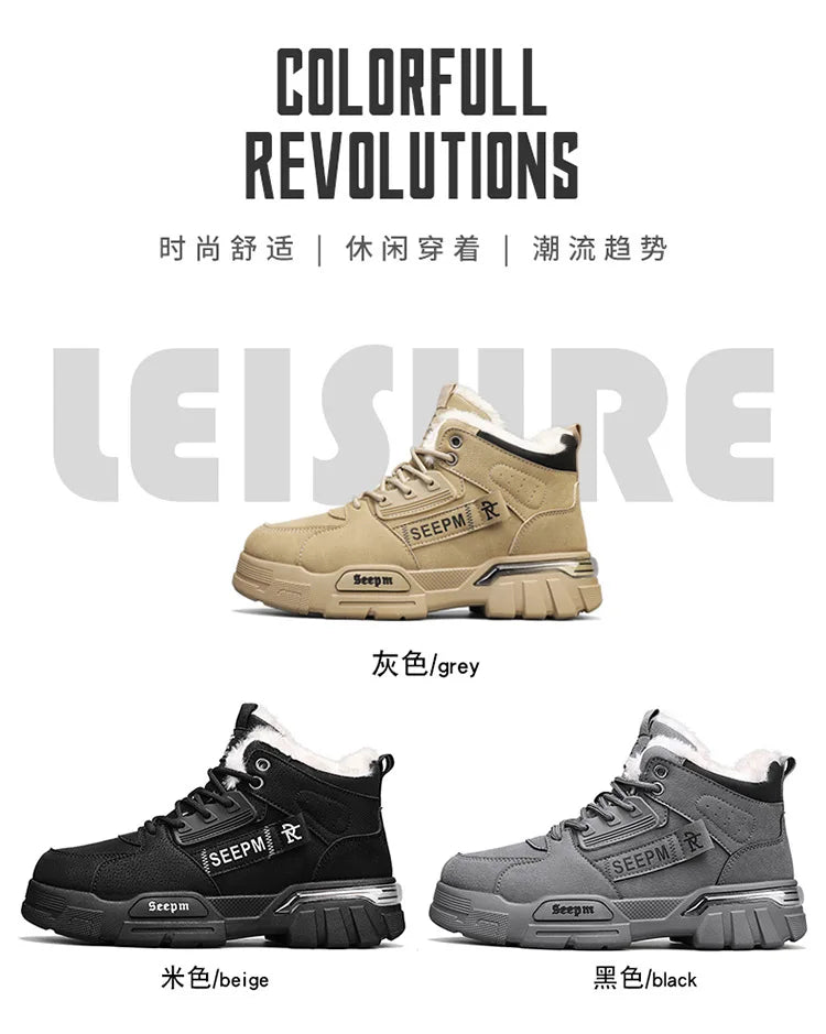 Winter New Fleece-Lined Cotton Shoes Fashionable Outdoor Snow Boots Trendy Warm High-Top Work Shoes Wholesale Men's Footwear
