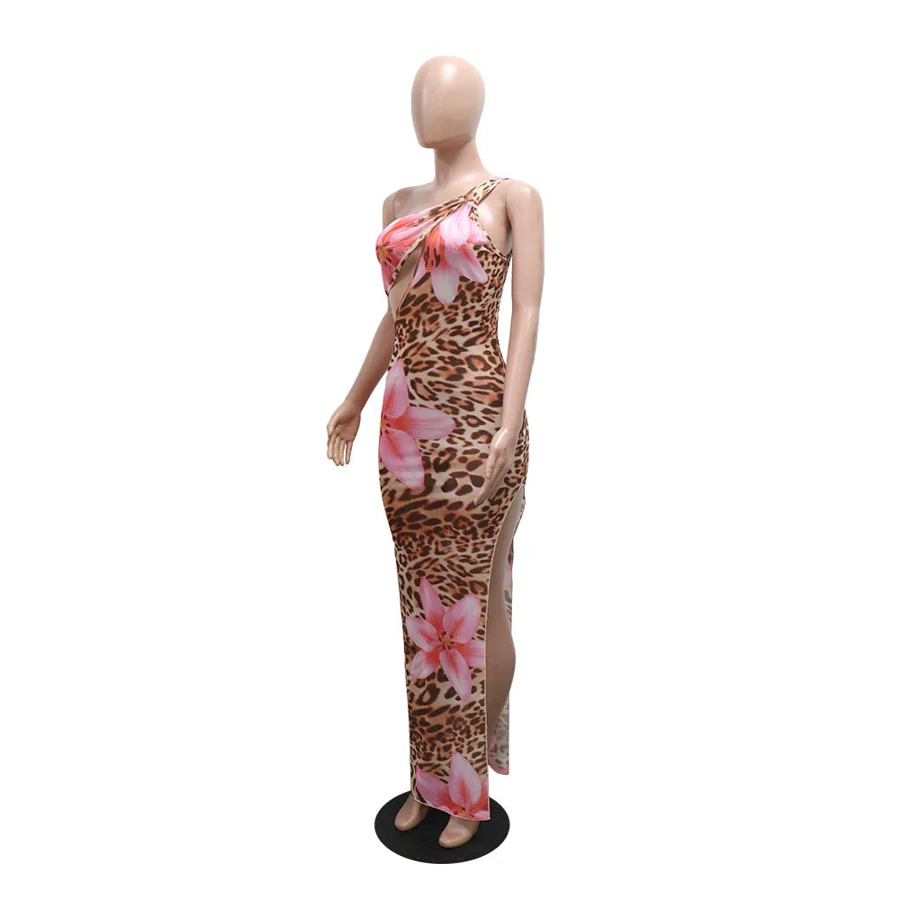 CM.YAYA Women Floral Leopsrd Printed Sleeveless High Side Split Long Maxi Dress 2025 Skew Collar Sexy Birthday Party Dresses