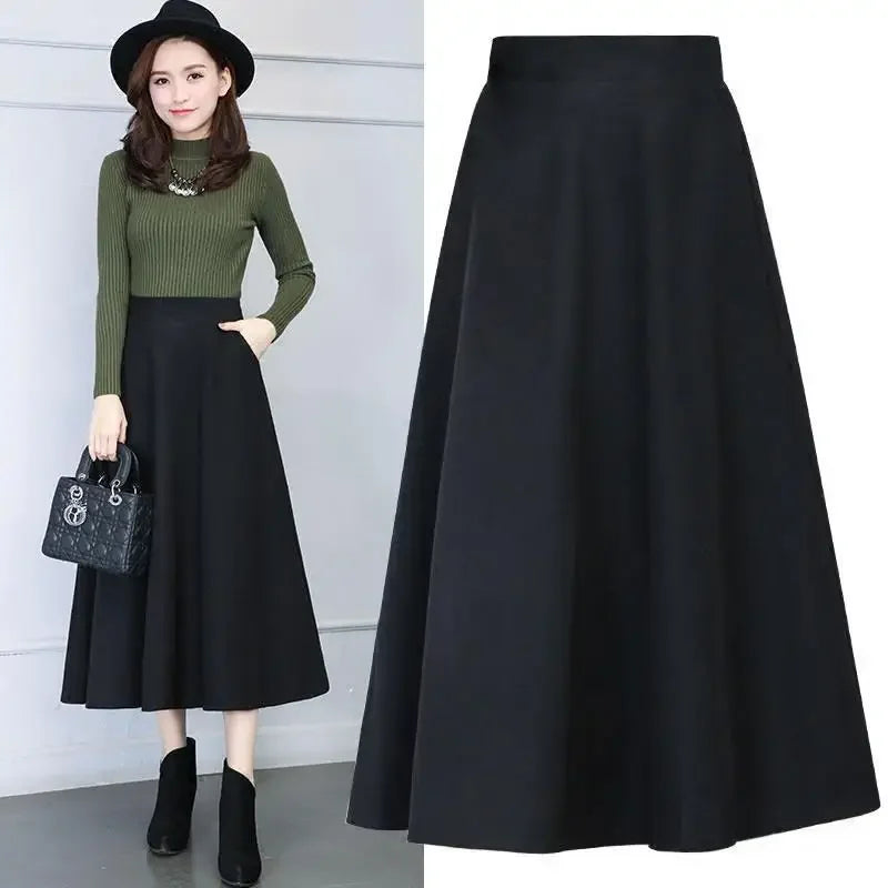 Autumn and Winter Solid Color Woolen Skirt Big Hem A- line Skirt High Waist Long Woman Skirts Mujer Faldas Saias Mulher