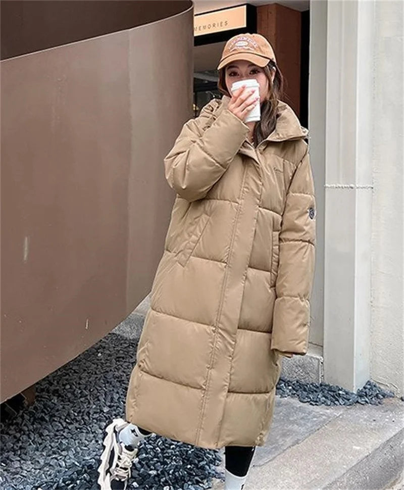 2025 Solid Long Down Parka Women with  Hood  Cotton Padded Jacket Winter Overcoat Fashion Thicken Warm Puffer Coat Female