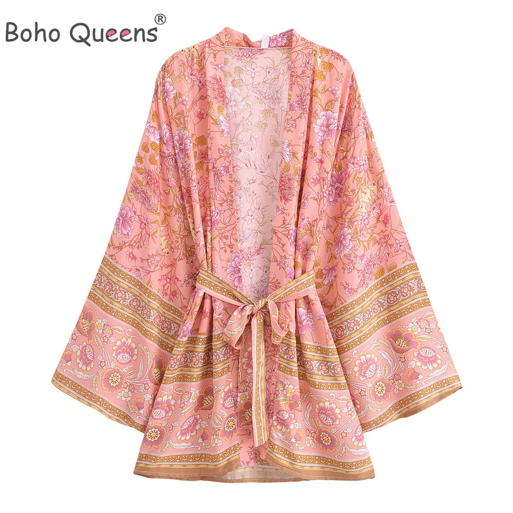 Boho Queens Multi Floral Print Sashes Short Kimono Women Bohemian V Neck Batwing Sleeves Rayon Robe Beach Bikini Cover-up