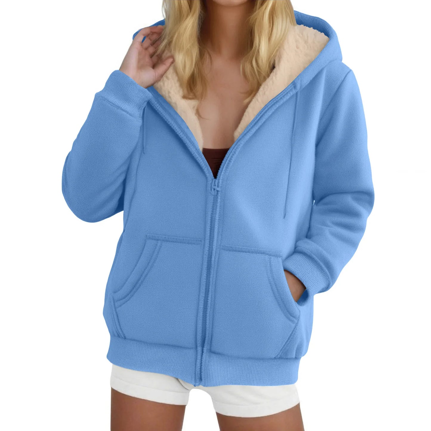 Women's Fleece-Lined Thickened Hooded Sweatshirt Solid Color Autumn Winter Thick Warm Hoodies Zipper Up Pocket Loose Jackets