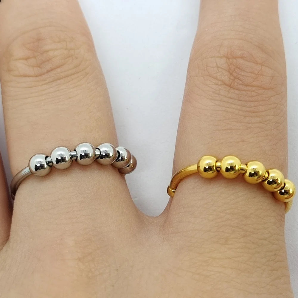 Trendy Anxiety Rings Tarnish Free Stainless Steel Fidget Rotate Bead Anti Stress Relief Finger Ring Jewelry For Women