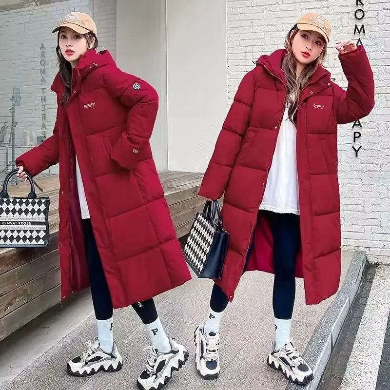 2025 Solid Long Down Parka Women with  Hood  Cotton Padded Jacket Winter Overcoat Fashion Thicken Warm Puffer Coat Female