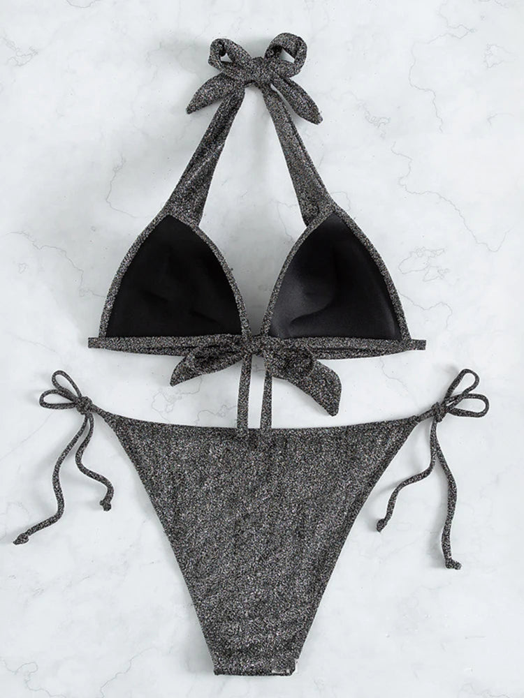 Circyy Bathing Suit Women Backless Lace Up Split Swimsuit Low Cut Sexy Beachwear Luxury Shiny Grey Bikini Set Summer 2025 New